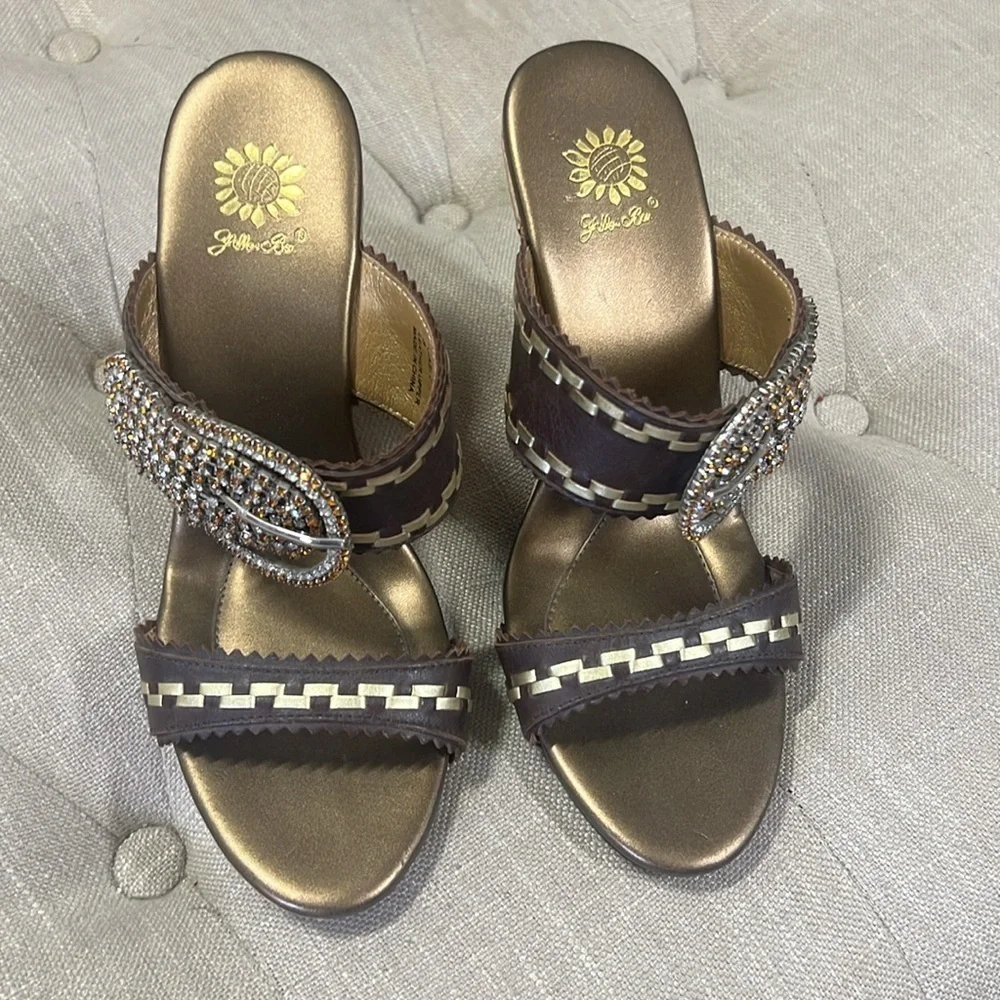 Yellow Box Gable Buckle Rhinestone Embellished Leather Cork Wedge size 9